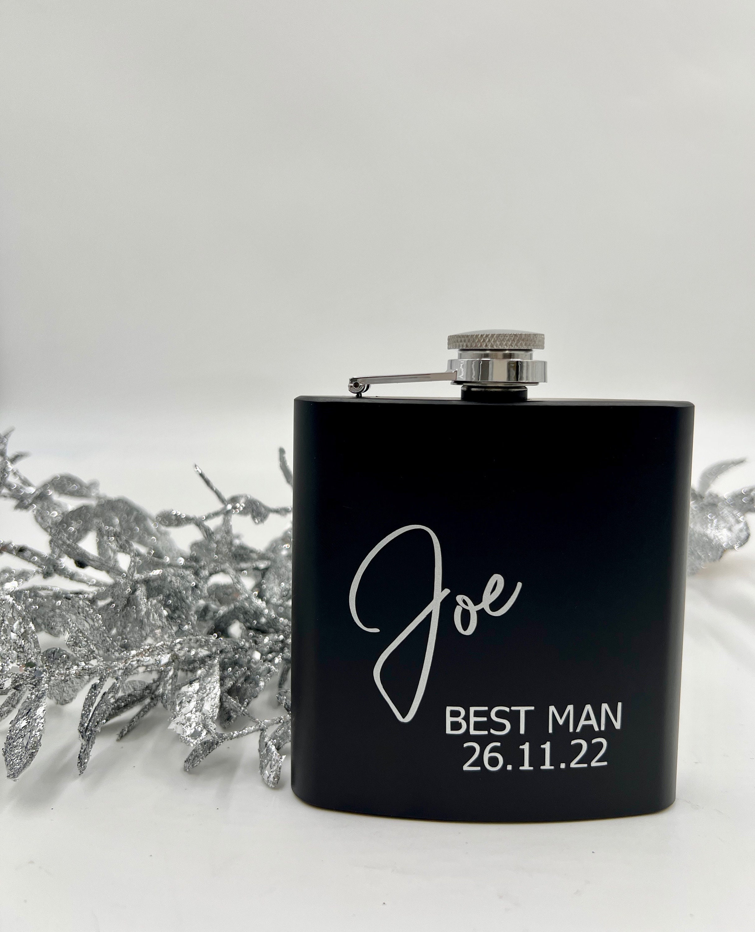 Fiaschetta In Acciaio Inox 200 Ml Personalizzata | Incisione Laser, Nera, Con Bicchierini Opzionali, Regalo Uomo