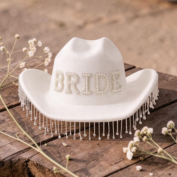 Bride Cowboy Hat White | Pearl Bride Hat | Hen Party Accessories | Bachelorette Outfit | Bridal Shower Hat | Bride to Be Gift | Cowboy Hat