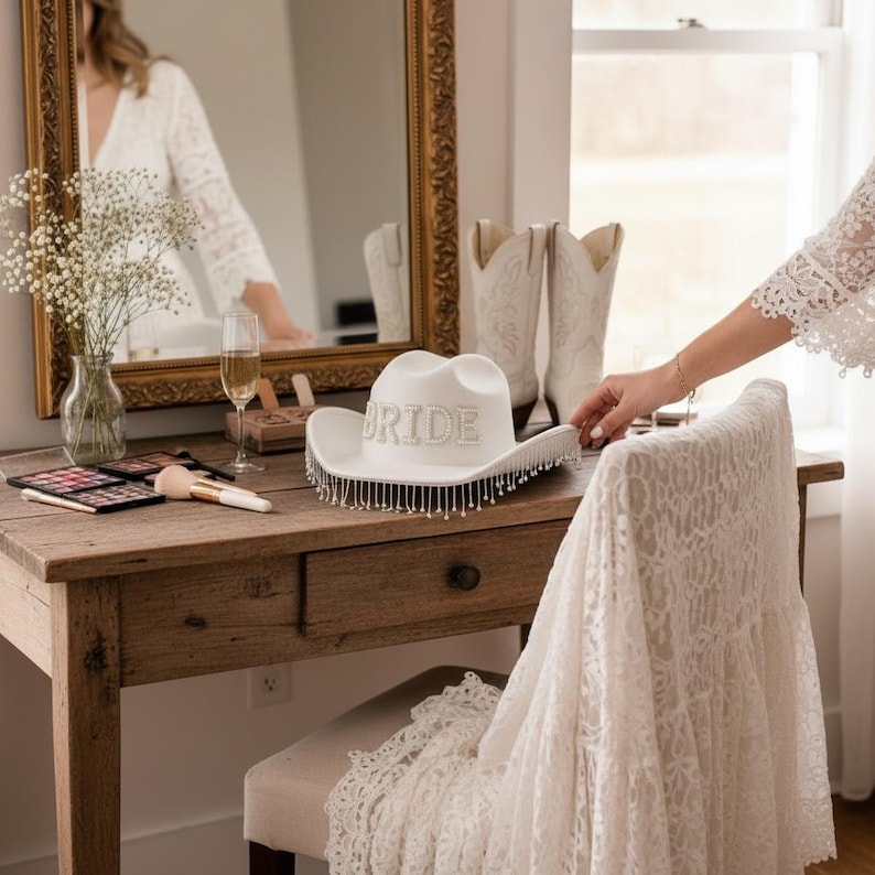 May include: A white cowboy hat with the word "BRIDE" in silver letters. The hat has a beaded fringe and is on a wooden table with makeup and a mirror. A pair of white cowboy boots are in the background.