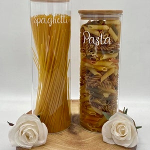 Personalised Bamboo Storage Glass Jar Airtight Lid Kitchen Pantry Food Flour Pasta Rice Spaghetti Caster Sugar Salt Mrs Hinch Organisation