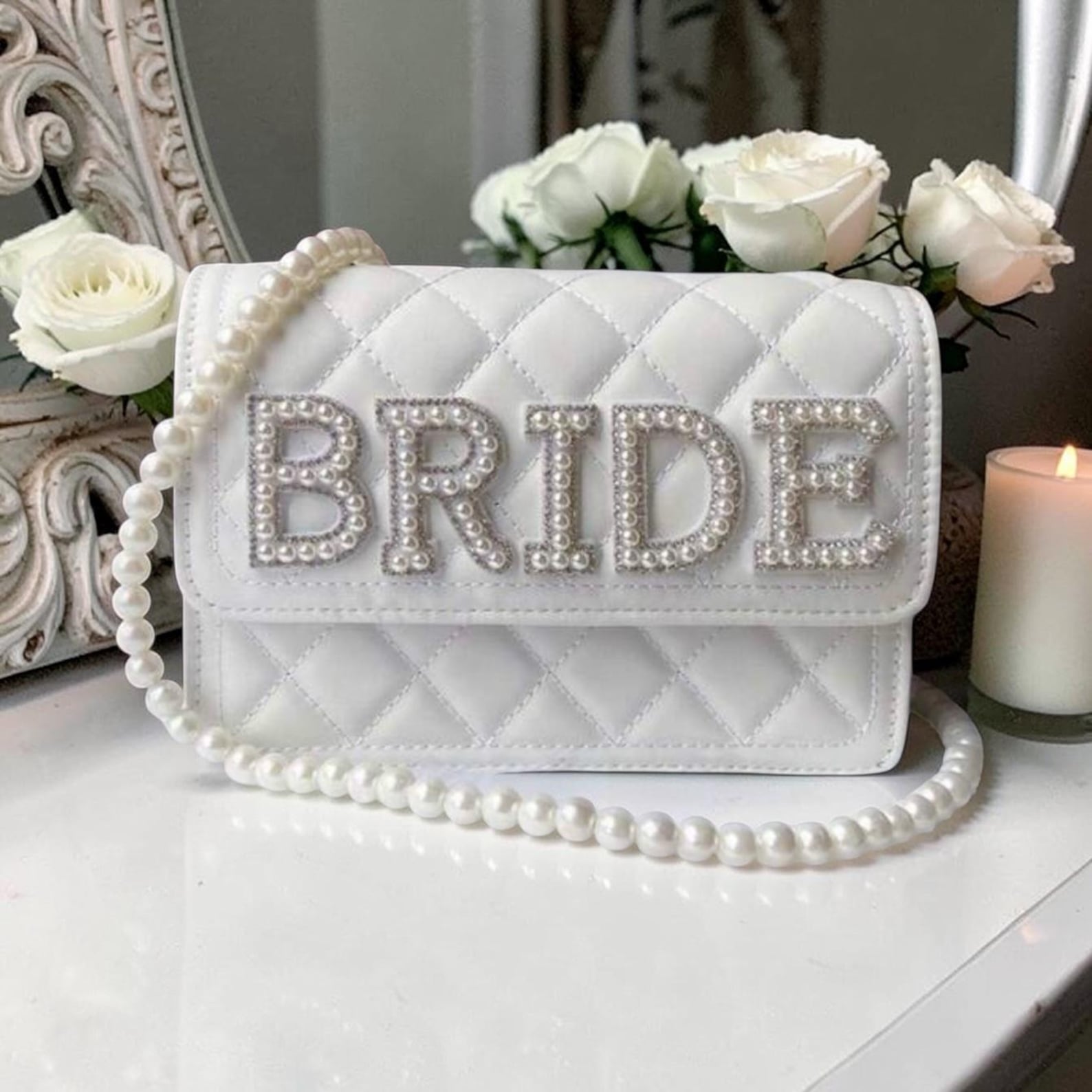 Bride Pearl Bag, Bridal Clutch with Pearl Strap