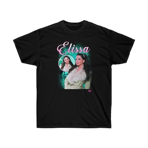 May include: Black t-shirt with a retro-style graphic of a woman with the text "Elissa" in pink.