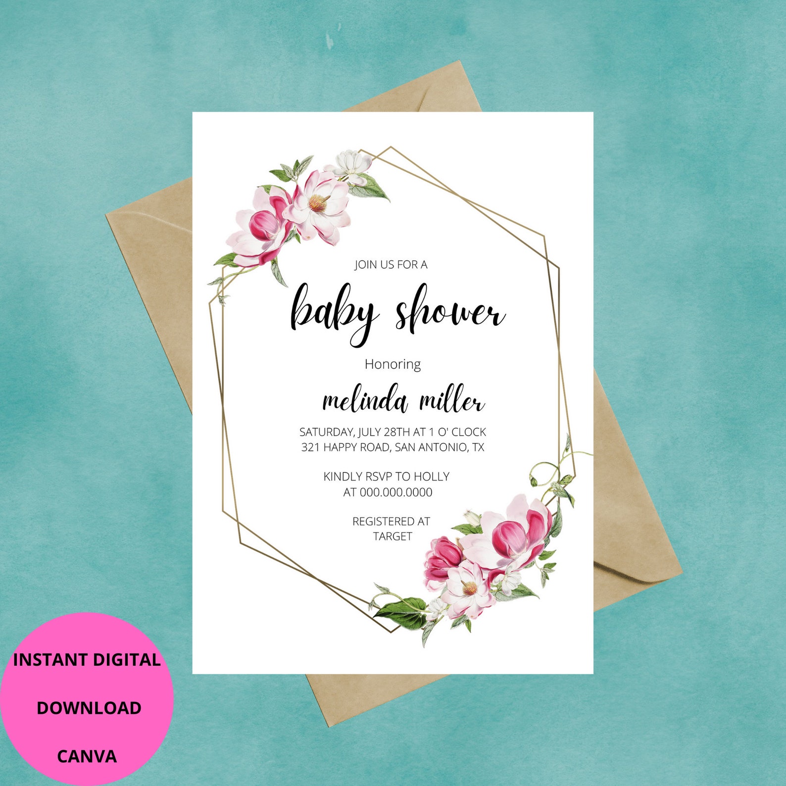 Pink Flower Floral Baby Shower Invitation Baby Shower Invite Etsy