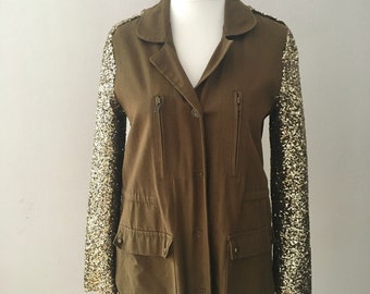 khaki green jacket with gold sequin sleeves