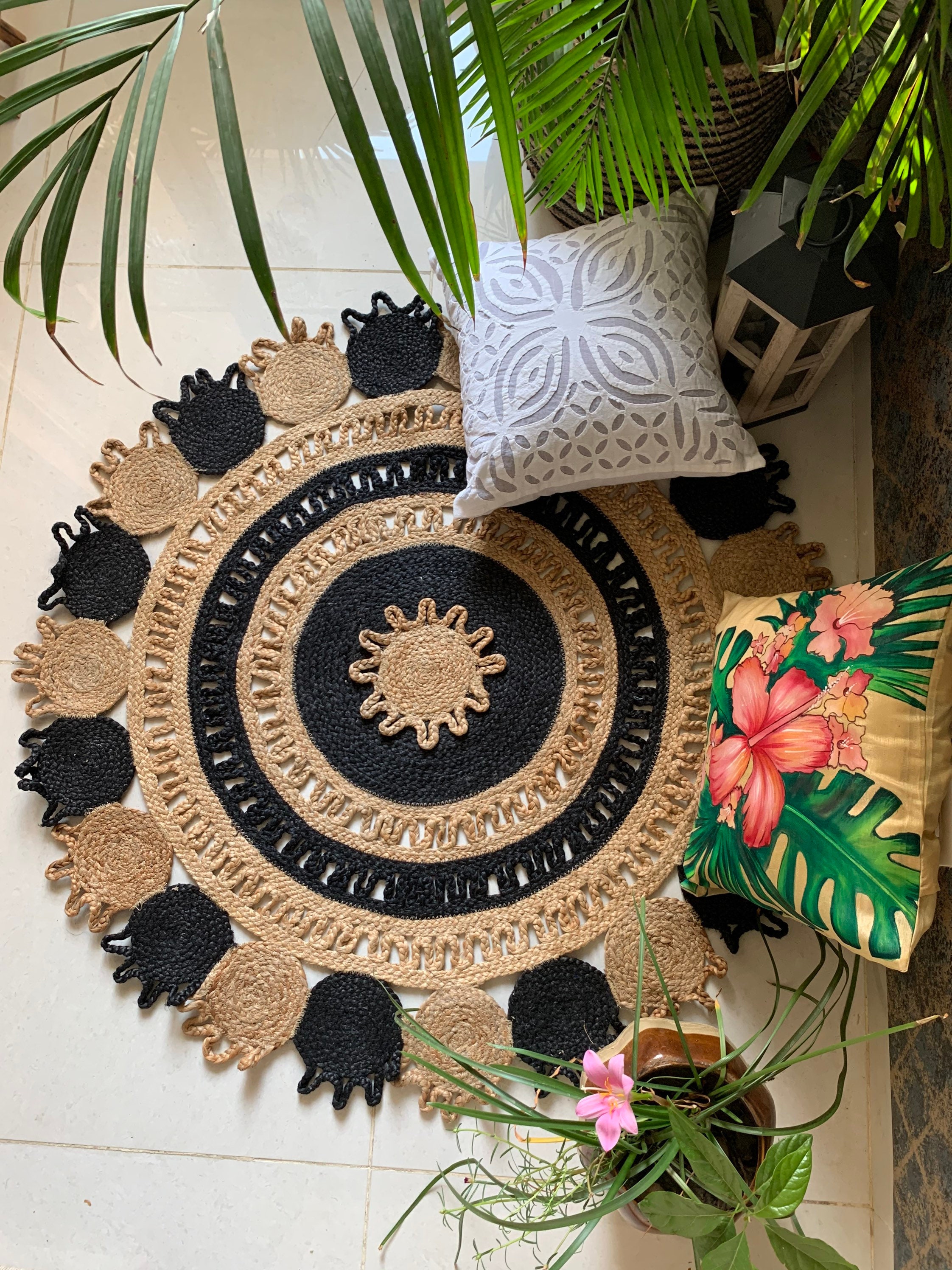 Handmade Jute Rug Floral Round Jute Rug Natural Jute Etsy