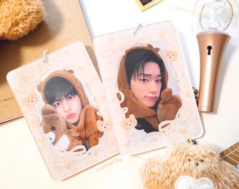 Portafotos de doble cara con diseño de osos y lazos / Soporte acrílico para PC en beige neutro / Llavero K-Pop / Accesorio para conciertos