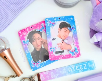 Portafotos de mariposa de doble cara / Degradado rosa, morado y azul / Portafotos acrílico Kpop / Llavero K-Pop / Accesorio para conciertos