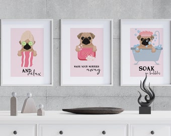 Bathroom prints set of 3, Funny prints, Pink wall art,  Funny dog art, Dog lovers gift, Pug illustrations, UNFRAMED