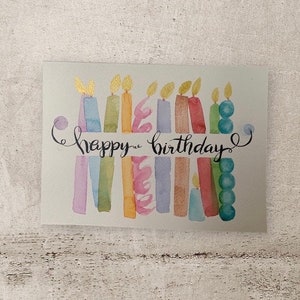 Original hand painted Watercolor Cards 5”x7” (not print), Happy Birthday Card, Candles Happy Birthday Card,  For kids and Friends.