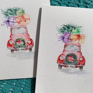 Originele handgeschilderde aquarel kerstkaarten. Rode auto, fijne feestdagenkaart. 4,25 x 5,5 inch (niet afgedrukt)