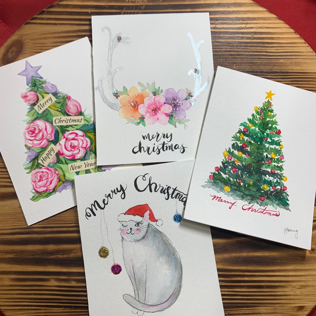 Set of 4 Christmas Watercolor Cards. Holiday Cards. Original Hand ...