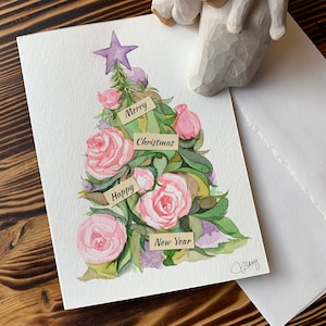 Cartes de Noël aquarelles originales (pas d'impression), carte de sapin de Noël, carte de joyeuses fêtes, carte de sapin fleuri.