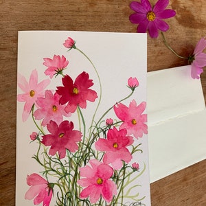 Cartes aquarelles originales peintes à la main de 5 x 7 pouces (pas d'impression) Cosmos, fête des mères, anniversaire, salutations vierges, félicitations, merci, carte d'anniversaire