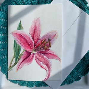 Cartes aquarelles originales peintes à la main de 5 x 7 pouces (pas une impression) lys rose. Fête des mères, mariage, anniversaire, merci, félicitations, carte d'anniversaire.