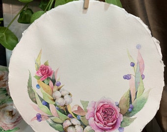 Floral Wreath Watercolor Painting, Botanical Wall Art, 26x26cm