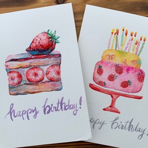Aquarelles originales peintes à la main 4,25 x 5,5 pouces (pas d'impression), carte de joyeux anniversaire, carte de gâteau rose, pour les enfants et les amis.