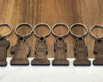 Walnut Chess Piece Keychain - Personalized Gift - King & Queen