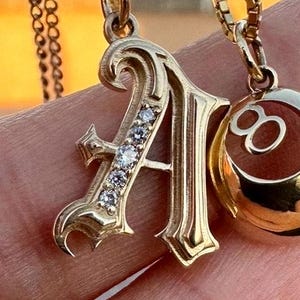 Gothic Initial A Charm, 14k gold diamonds letter charm, 14k gold Gothic letter charm pendant, Old English personalized letter initial charm