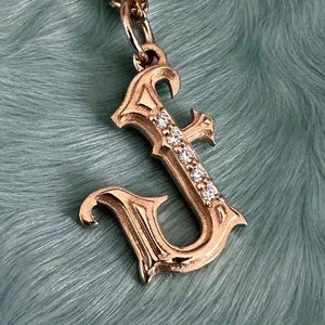 Gothic Initial J Charm, 14k gold diamonds letter charm, 14k gold Gothic letter charm pendant, Old English personalized letter initial charm