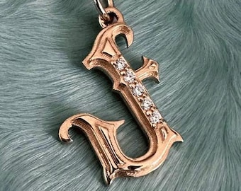 Gothic Initial J Charm, 14k gold diamonds letter charm, 14k gold Gothic letter charm pendant, Old English personalized letter initial charm