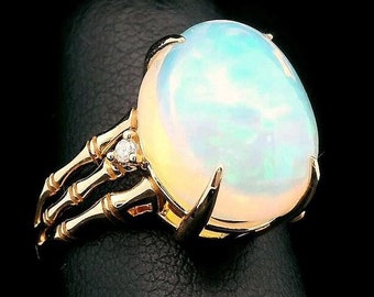 one-of-a-kind solid 14k gold opal ring, gold bamboo ring, cabochon opal ring, solid 14k gold opal statement ring, October birthstone ring