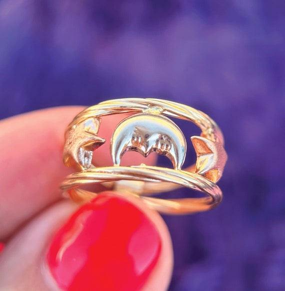 Vintage moon and stars ring, 14k gold moon ring, m