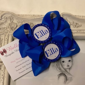 New girls pair 3 inch personalised hair bows clips logo or name all colours BACK TO SCHOOL