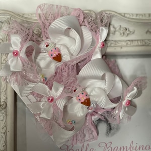 New girls 2 x 3 inch hair bows Summer ice cream pink white pigtail bows