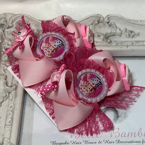 New pair of girls pink Barbie hair bows 3 inch pigtails