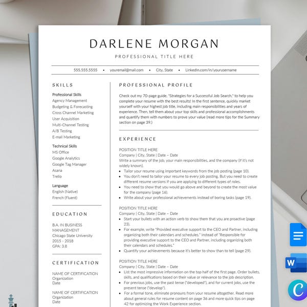 Plantilla de currículum ejecutivo moderno: Diseño minimalista (Canva, Word, Google Docs)