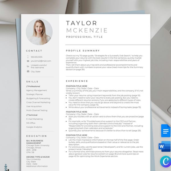 Modèle de CV moderne avec photo : Canva, Word, Google Docs