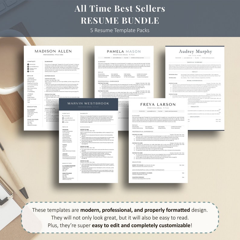May include: Five different resume templates in a bundle. Each template features a modern, professional design with a clean layout. The templates are easy to read and customize.