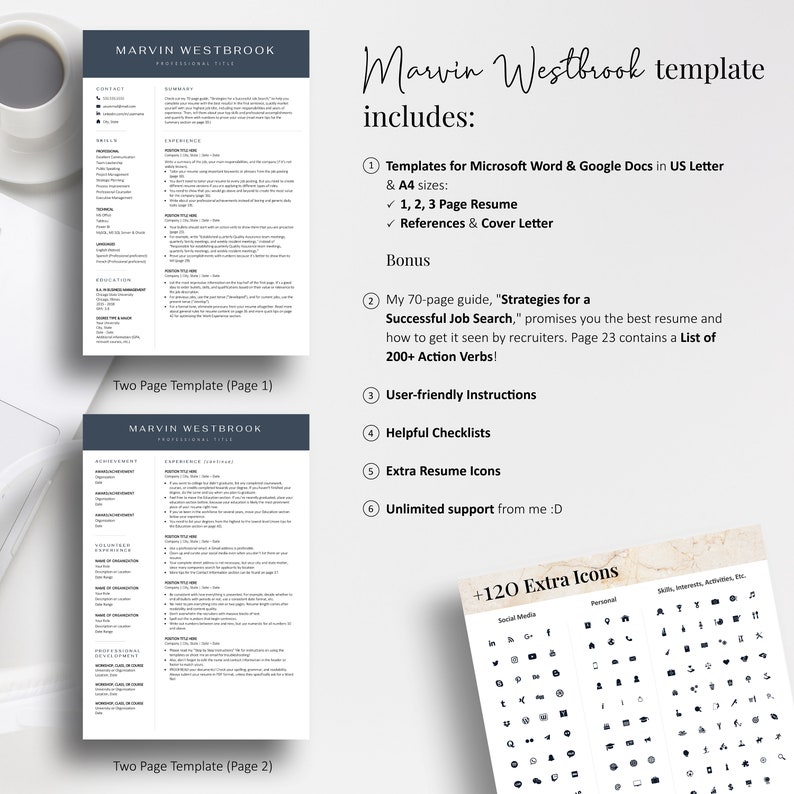 May include: A two-page resume template in a minimalist style with a dark blue header and white text. The template includes a 70-page guide, "Strategies for a Successful Job Search," with a list of 200+ action verbs, user-friendly instructions, helpful checklists, extra resume icons, and unlimited support. The template is available in US Letter and A4 sizes.