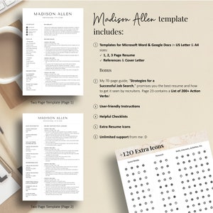May include: A two-page resume template named "Madison Allen" with a black and white color scheme. The template includes a cover letter, references, and a 70-page guide titled "Strategies for a Successful Job Search".