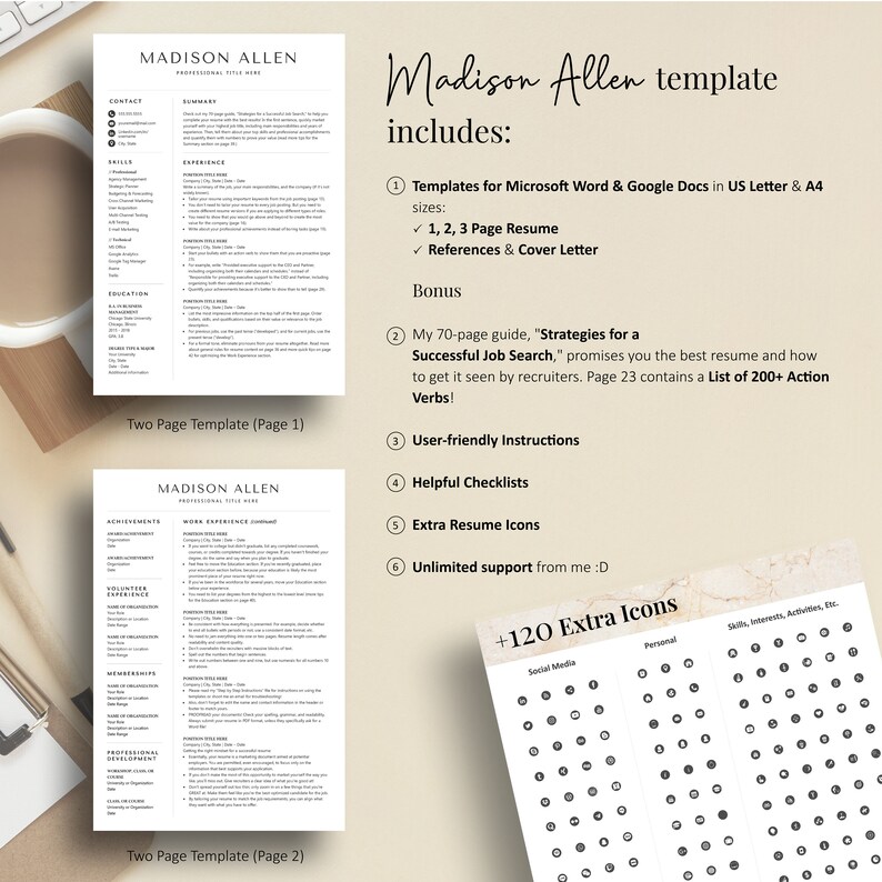 May include: A two-page resume template named "Madison Allen" with a black and white color scheme. The template includes a cover letter, references, and a 70-page guide titled "Strategies for a Successful Job Search".