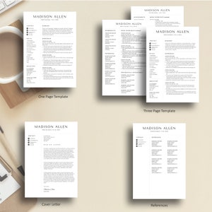 May include: A black and white resume template with the name "Madison Allen" at the top. The template is designed for a one-page resume, a three-page resume, a cover letter, and a references page.