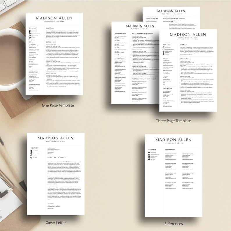 May include: A black and white resume template with the name "Madison Allen" at the top. The template is designed for a one-page resume, a three-page resume, a cover letter, and a references page.