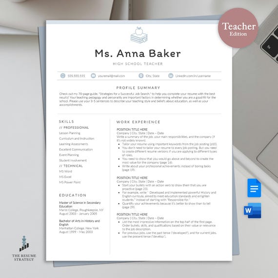 Teacher Resume Template: Modern CV Design for Word & Google Docs