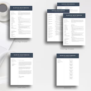 May include: A four-page document with a dark blue header and white text. The document is a resume template with the name "Marvin Westbrook" at the top. The document includes sections for "Summary", "Skills", "Experience", "Education", "Awards", "Languages", "Certifications", "Volunteer Work", "Projects", "Hobbies", "References", and "Contact".