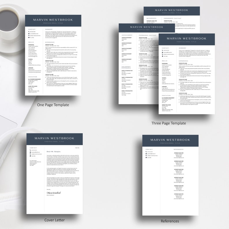May include: A four-page document with a dark blue header and white text. The document is a resume template with the name "Marvin Westbrook" at the top. The document includes sections for "Summary", "Skills", "Experience", "Education", "Awards", "Languages", "Certifications", "Volunteer Work", "Projects", "Hobbies", "References", and "Contact".