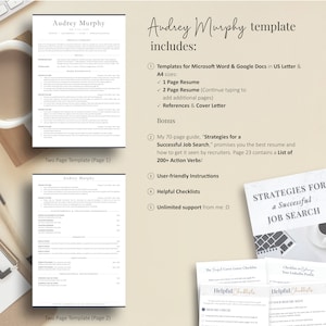 May include: Audrey Murphy template includes two resume templates, a 70-page guide, user-friendly instructions, checklists, and unlimited support. The guide is titled "Strategies for a Successful Job Search".