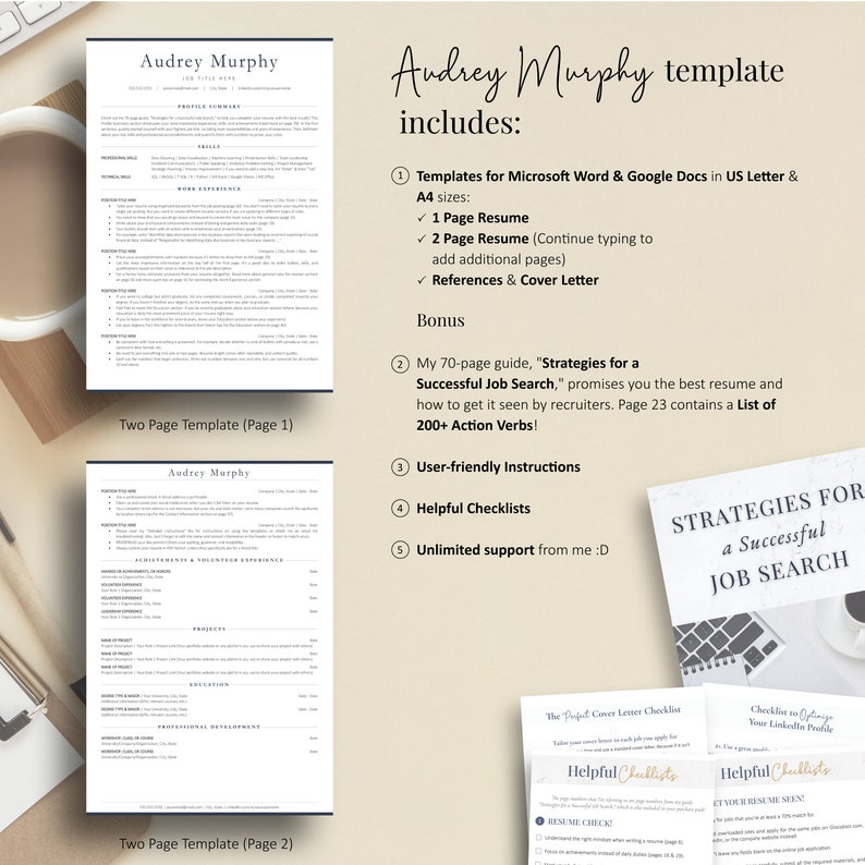 May include: Audrey Murphy template includes two resume templates, a 70-page guide, user-friendly instructions, checklists, and unlimited support. The guide is titled "Strategies for a Successful Job Search".