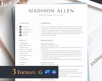 Clean, Simple, Modern, Minimalist Resume Template for Canva, Word, Google Docs Resume Template with Free Cover Letter, Executive Resume