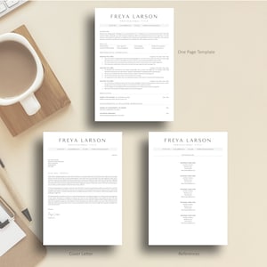 May include: A black and white resume template with the name "FREYA LARSON" at the top. The resume is divided into sections such as "Summary", "Skills", "Professional Experience", "Education", "Achievements & Volunteer Experience", "Work Experience", and "References". The template is designed for a one-page resume.