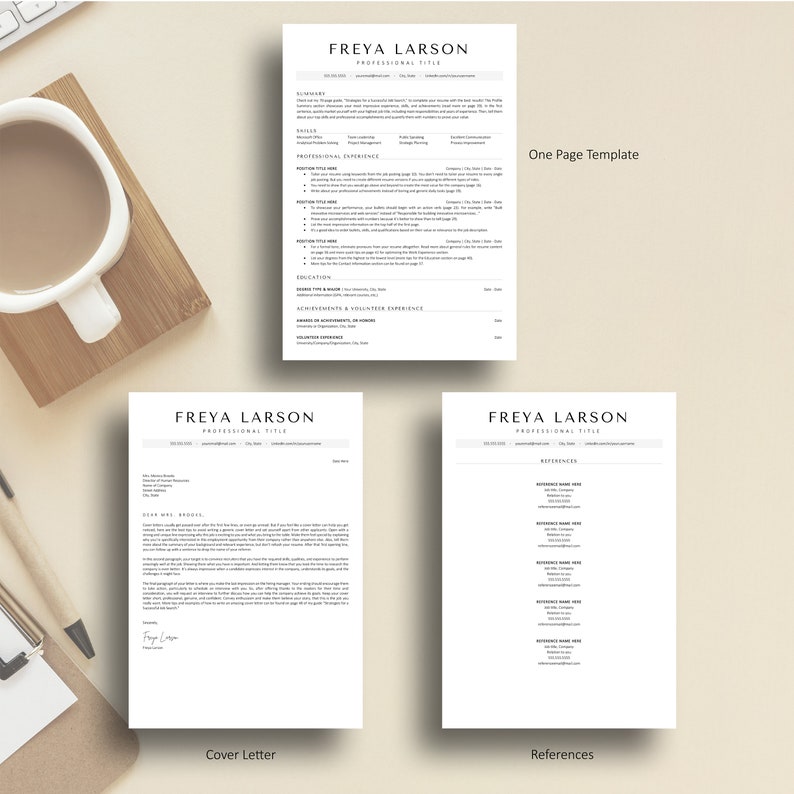 May include: A black and white resume template with the name "FREYA LARSON" at the top. The resume is divided into sections such as "Summary", "Skills", "Professional Experience", "Education", "Achievements & Volunteer Experience", "Work Experience", and "References". The template is designed for a one-page resume.
