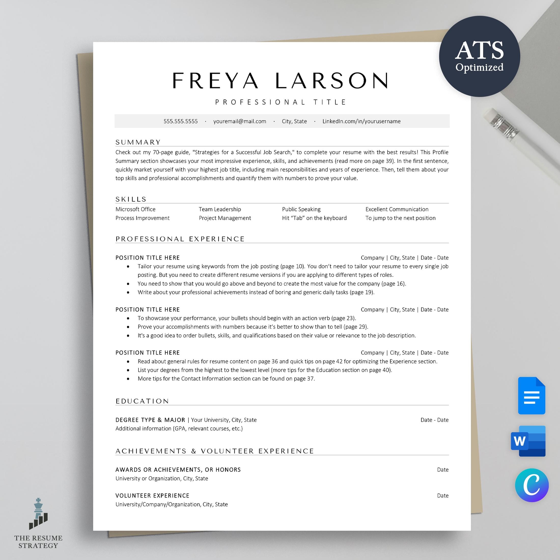 ATS Friendly Resume Template: Clean, Modern Design (canva, Word, Google ...