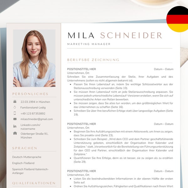 Lebenslauf Vorlage, Bewerbungsvorlage Deutsch für Word und Google Docs, Professionelle Bewerbung, Modern Curriculum Vitae German, CV-Vorlage