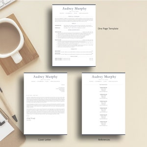 May include: A black and white resume template with the name Audrey Murphy and the title "Job Title Here". The resume is divided into sections for "Profile Summary", "Skills", "Work Experience", "Projects", "Education & Awards", and "Occupation". The template also includes a cover letter and references page.