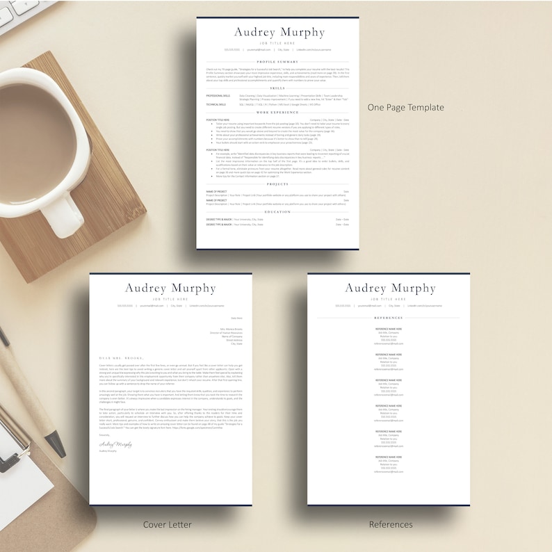 May include: A black and white resume template with the name Audrey Murphy and the title "Job Title Here". The resume is divided into sections for "Profile Summary", "Skills", "Work Experience", "Projects", "Education & Awards", and "Occupation". The template also includes a cover letter and references page.