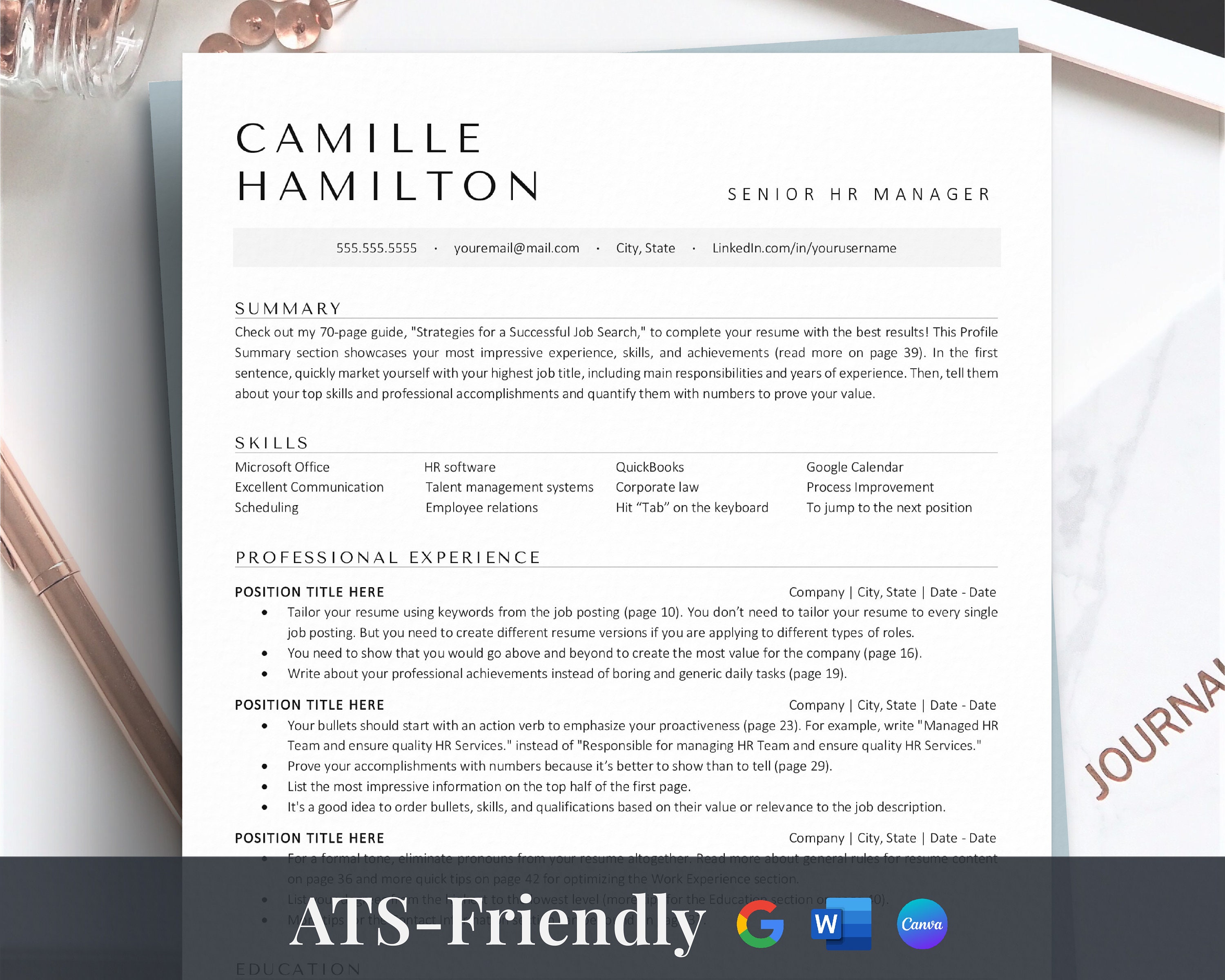 Minimalist ATS Friendly Resume Template for Canva, Google Docs & Word, Clean Modern ATS Resume for HR Manager, Recruiter, Simple Resume